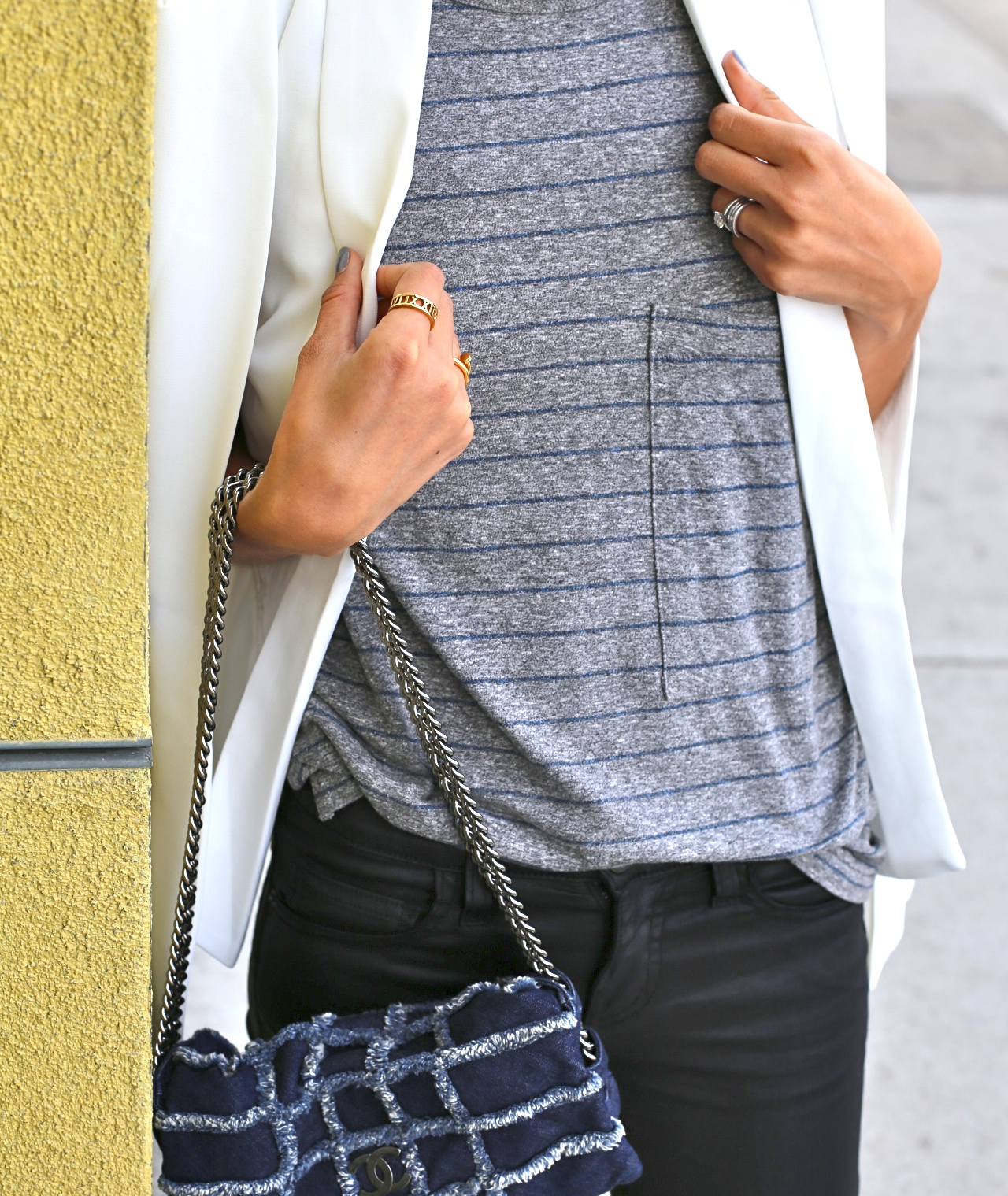Black Current Elliott Coated Skinnies_Current Elliott Stripe Muscle Tee_White Lookbook Cape Blazer_chanel loafers_10
