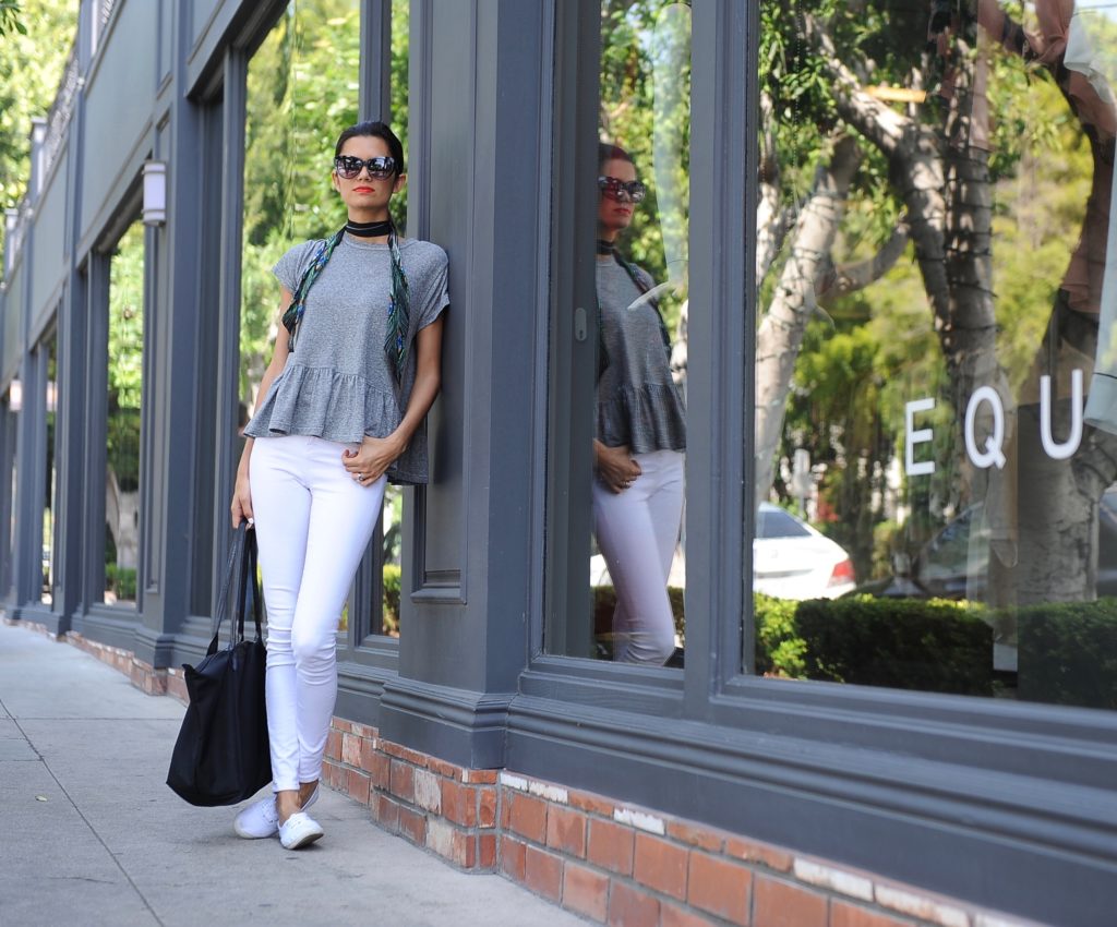 The Great Grey Ruffle Tee + Peacock Scarf + White Denim Santa Monica Shopbop