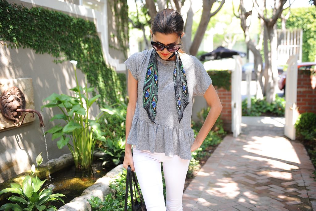 The Great Grey Ruffle Tee + Peacock Scarf + White Denim ShopBop Los Angeles California